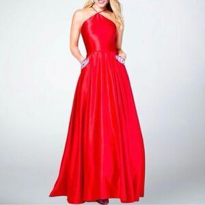 Blondie Nites Red Satin Halter & Gem Pockets Prom Dress Sz 11